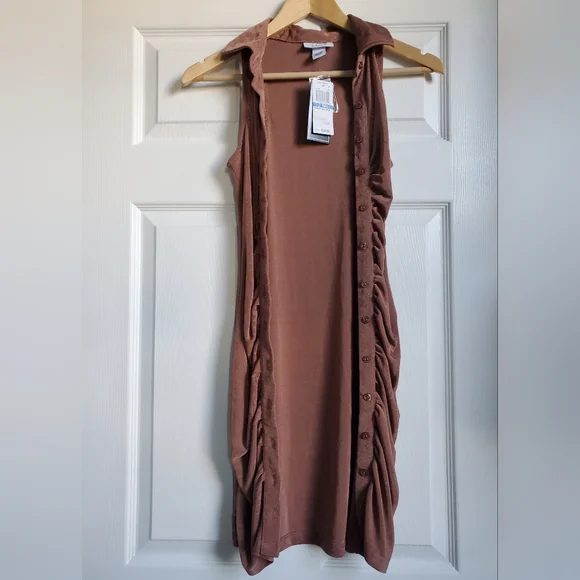 Just Polly Juniors Ruched Brown Slinky Sleeveless Collared Shirt Dress Size S - Picture 4 of 7
